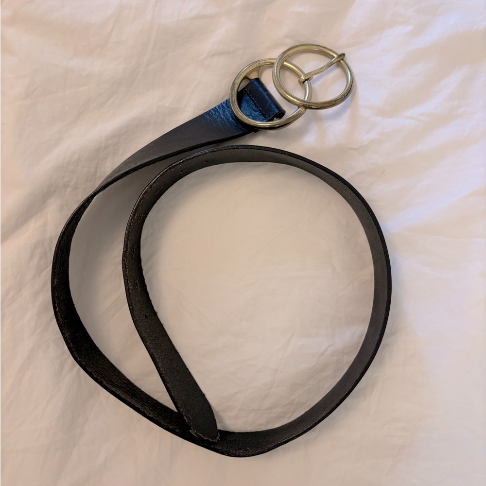 Black leather belt with brass hardware